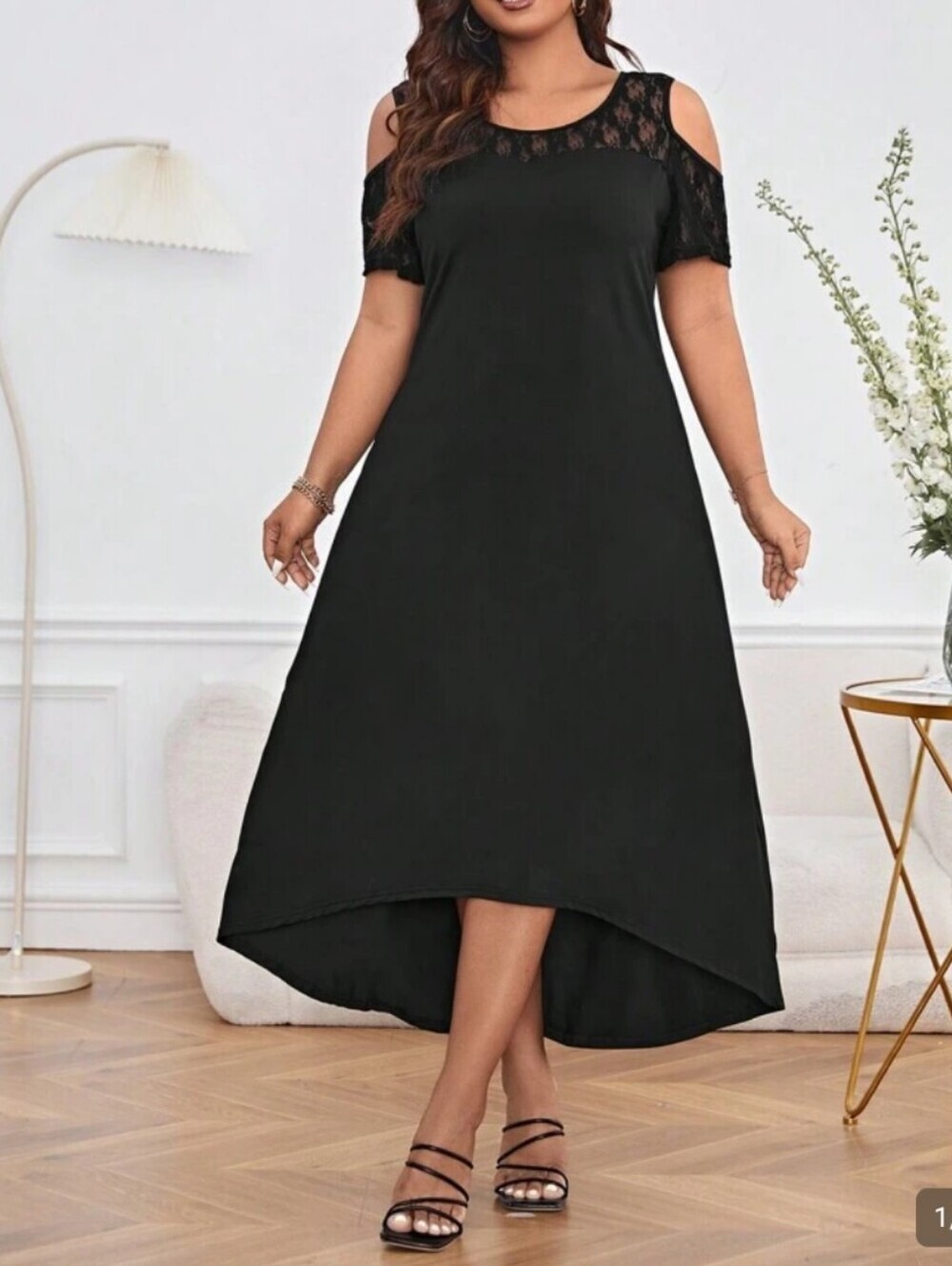 Black Maxi Dress High Low Lace Yoke Cold-Shoulder Witchy Goth Romantic Plus 1XL